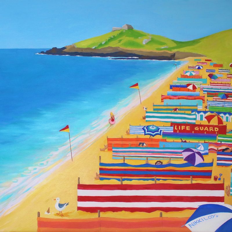Brightly coloured oil painting imagining a British beach covered like a blanket in multicoloured windsheilds, with just one solitary girl with her rubber ring, braving the water.