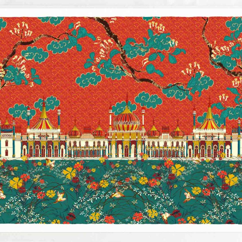 Print Description:  Presenting an architectural elevation of the Brighton Royal Pavilion, enveloped by gardens adorned with fragrant jasmine and sweet William. Within these verdant bushes, birds gracefully take flight, creating a lively spectacle. The sky above mirrors intricate Japanese patterns, with spring trees bursting into bloom.  Homage to Hokusai:  This print serves as a tribute to one of my most revered artists, Hokusai, for two compelling reasons. Firstly, the motifs I've crafted pay homage to the exquisite natural patterns depicted by Hokusai—clouds, blooming branches, flowering bushes, birds, and the geometric backdrop. Secondly, the method employed in creating this design draws inspiration from Hokusai's mastery as a revolutionary printmaker. Leveraging modern technologies, I have recreated a printmaking approach reminiscent of Hokusai's artistry.  My process involved producing distinct sheets of original ink drawings, which later coalesce into a unified motif. This technique is evident in the studio photograph showcasing my ink drawings. For instance, the creation of branches involved four separate drawings: one for the block colour, another for the bark pattern, the third for the flowers, and the fourth for the leaves. I find joy in expressing the patterns of nature in art—a natural interplay of repetition with variation, a code embedded in the DNA of every living being.