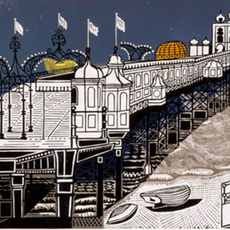 The image is flanked on the one side by the frivolity of the domes of the Royal Pavilion, and on the other by the linearity of Charles Busby’s late Regency architecture. The image, with its lights and fishing boats, captures perfectly what are enduring sides of both formal and informal Brighton. This print was awarded first prize in the Giles Bequest competition 1958 for colour prints from linoleum and wood. 