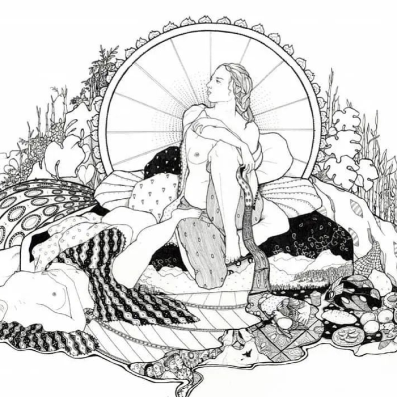 An intricate black and white drawing of two woman reclining, surrounded by patterns and scenes