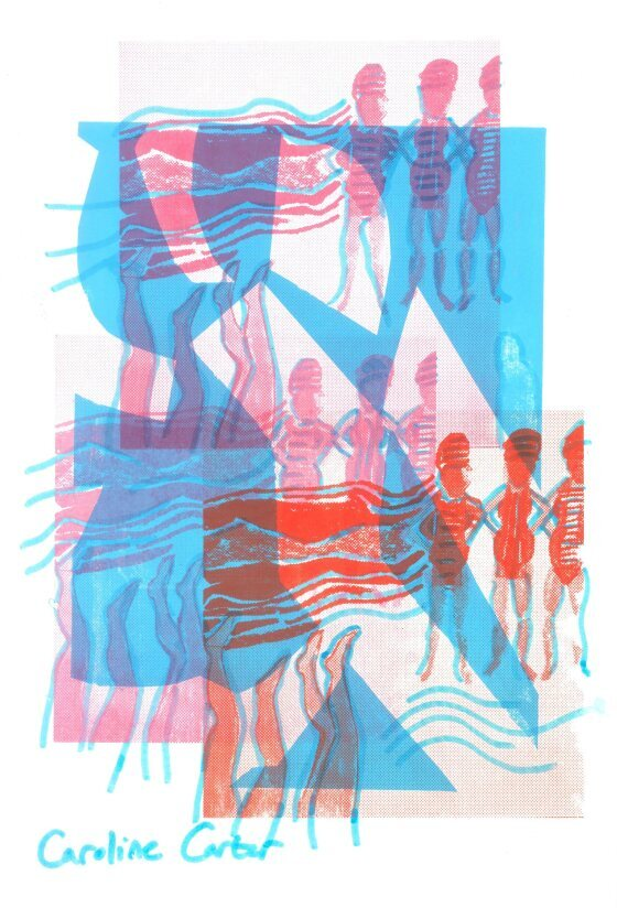 A bright blue, pink and red screen print, collage and pen showing swimmers complete with hats and costumes standing by the water and others upside down with their legs pointing vertically to the sky- summing up the joy of swimming in the sea and living in Brighton. 