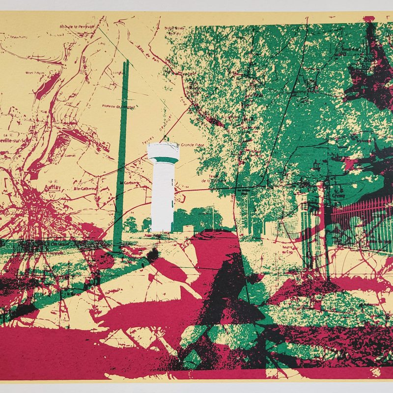 photographic screenprint of a water tower in a landscape superimposed over a map