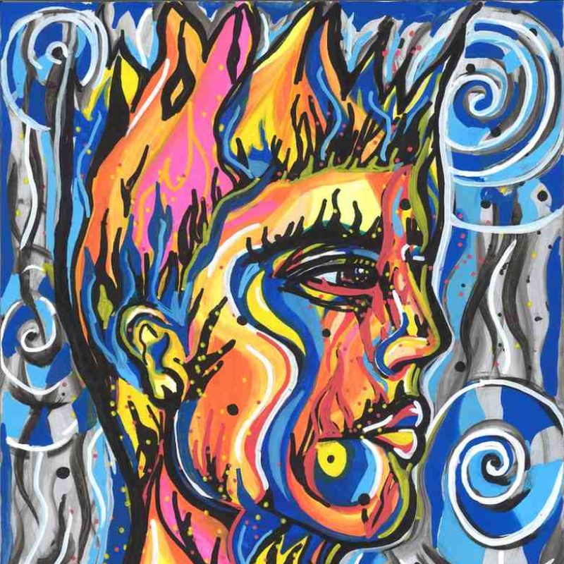 An abstract side profile with vibrant orange, pink and yellow colours and black designs. The background consists of wavy lines painted in light blue, dark blue, silver and grey. There are swirling patterns painted into the background in white. 