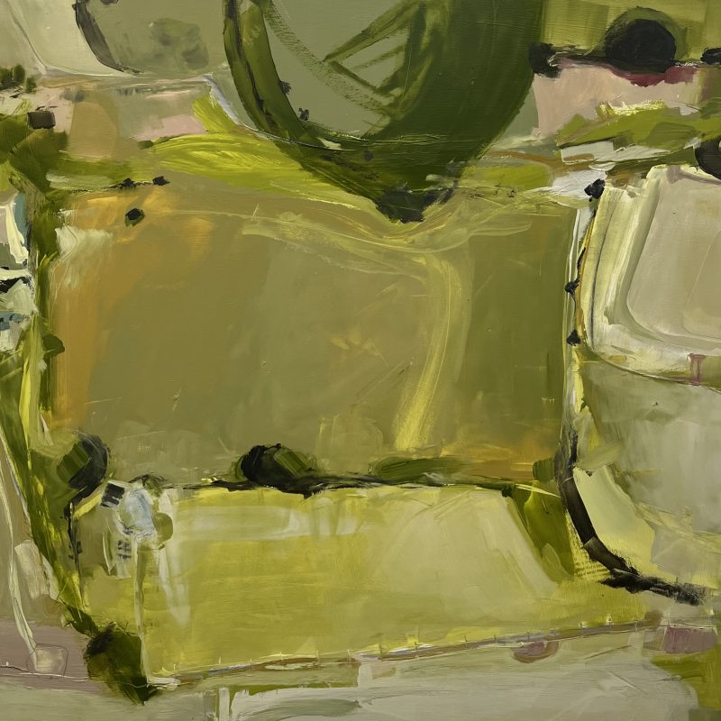 Oil painting of a South Downs landscape showing fields in various greens and suggestions of adjacent woods.