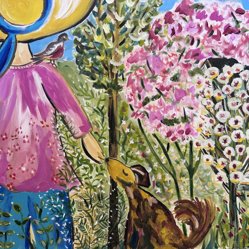 Bright coloured naieve style painting of a girl in a sunhat reaching out to her dog. Set in a garden