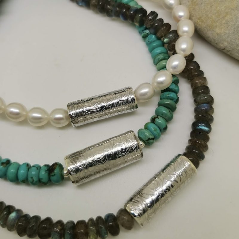 Silverbead on pearl, turquoise and labradorite necklaces