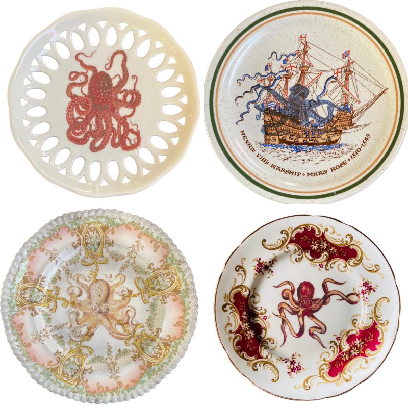 Octopus prints on antique ceramic plates