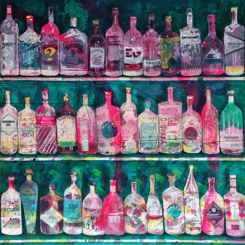 Painting of a gin bar in pink and green