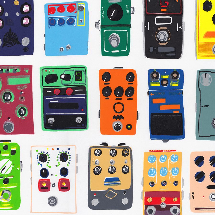 A graphic, colourful linocut print of guitar pedals