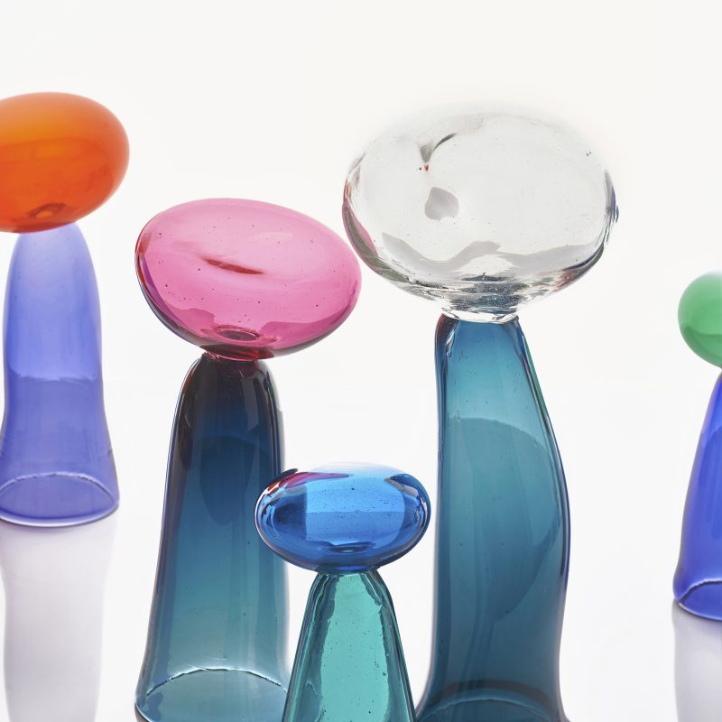 Colourful glass fungi sculptures