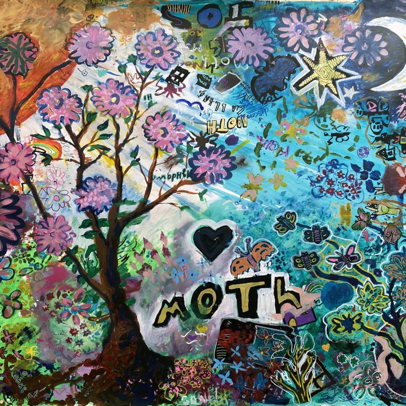 A vibrant painting with a large blossoming tree, a crescent moon and butterflies and flowers