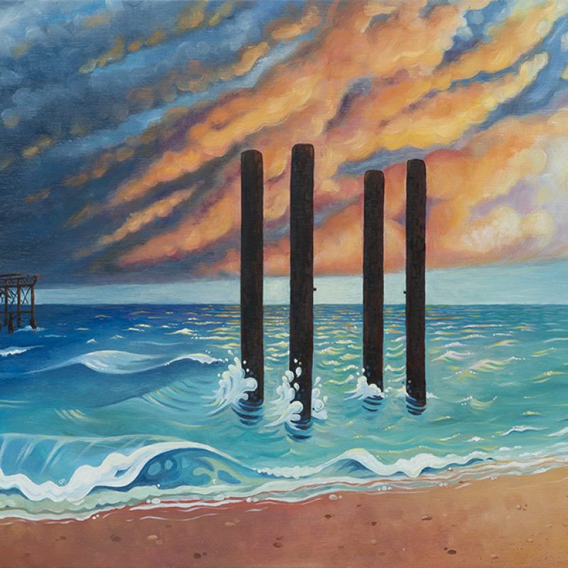A colourful oil painting of West Pier depicted at first in the darkness of storms, in the hope of a colourful dawn, and in the peace of a beautiful new day...
