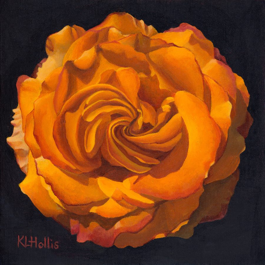 A painting of an orange rose with yellow highlights