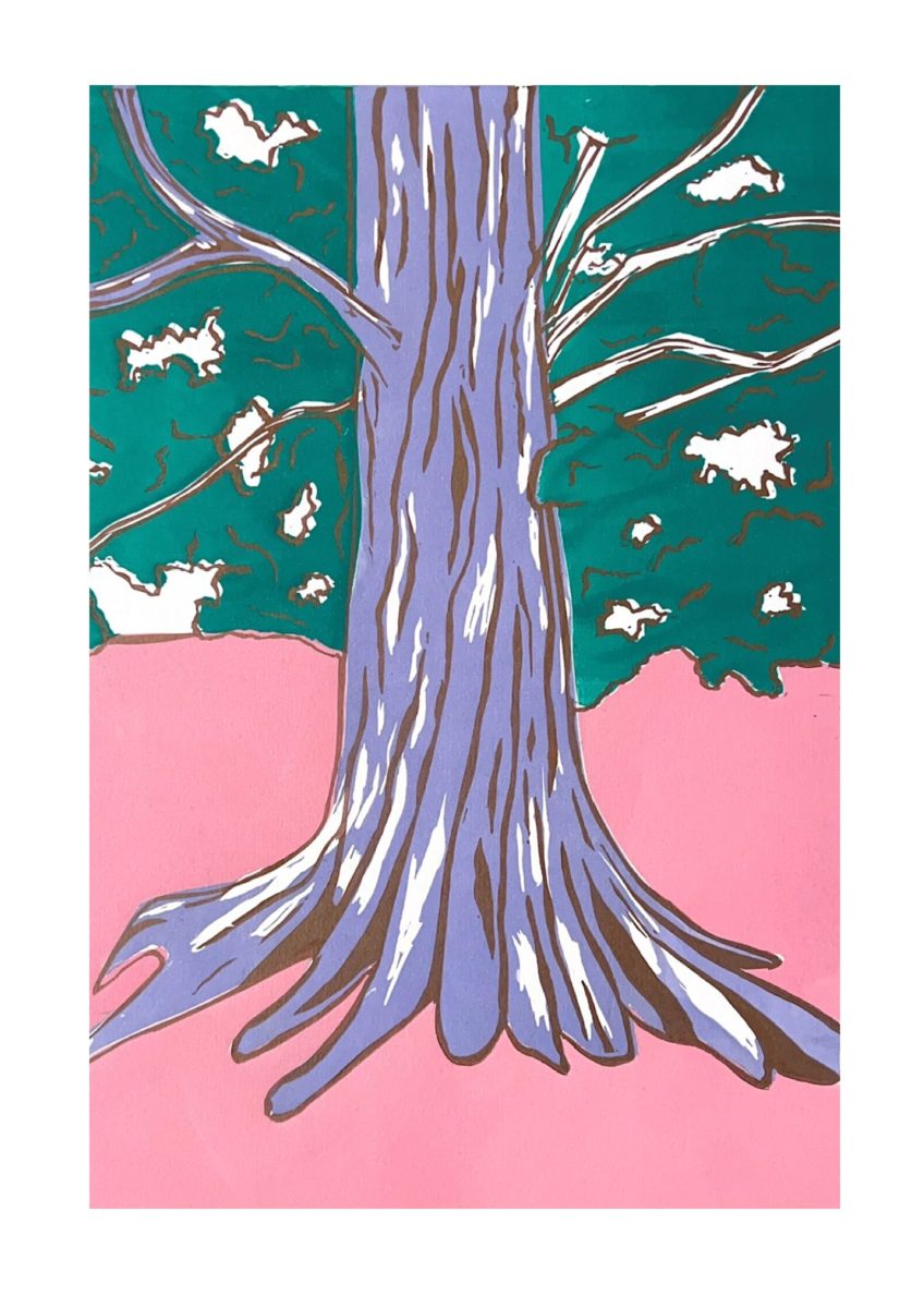 A line drawing of a tree trunk in purple with pink ground and turquoise leaves
