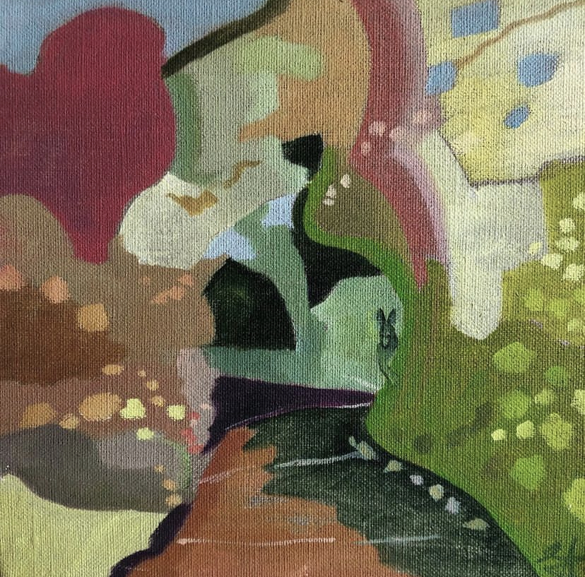 This is an abstract landscape in pink and green with the figure of a man who has a donkey's head