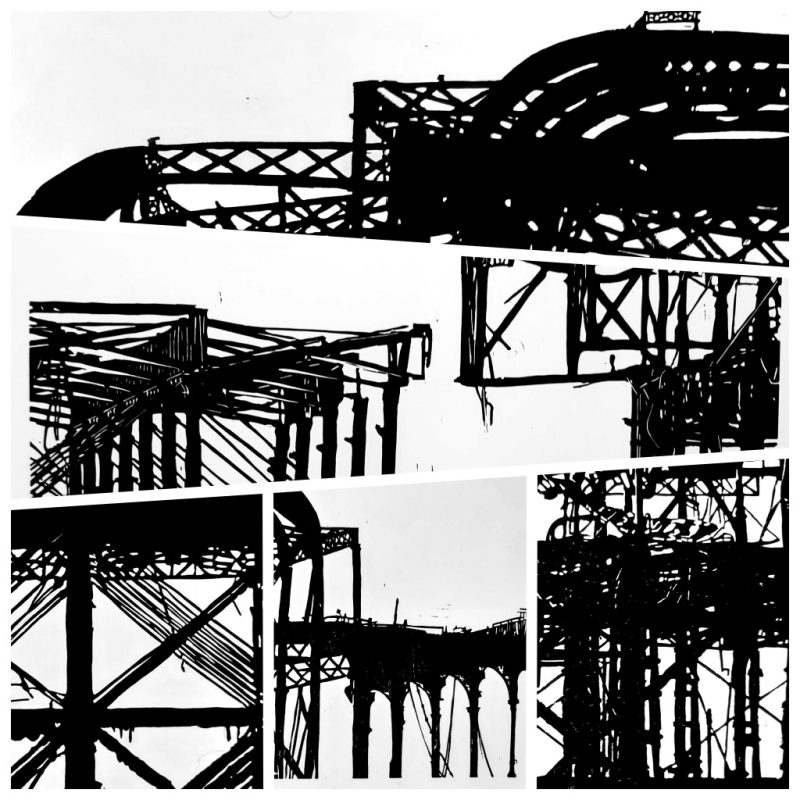 A black and white collage of five Linocut printed close up views of the derelict West Pier in Brighton