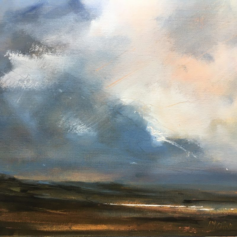 Splash of light across the shadows of the Weald, Oil on canvas in muted ochre, blues and raw sienna