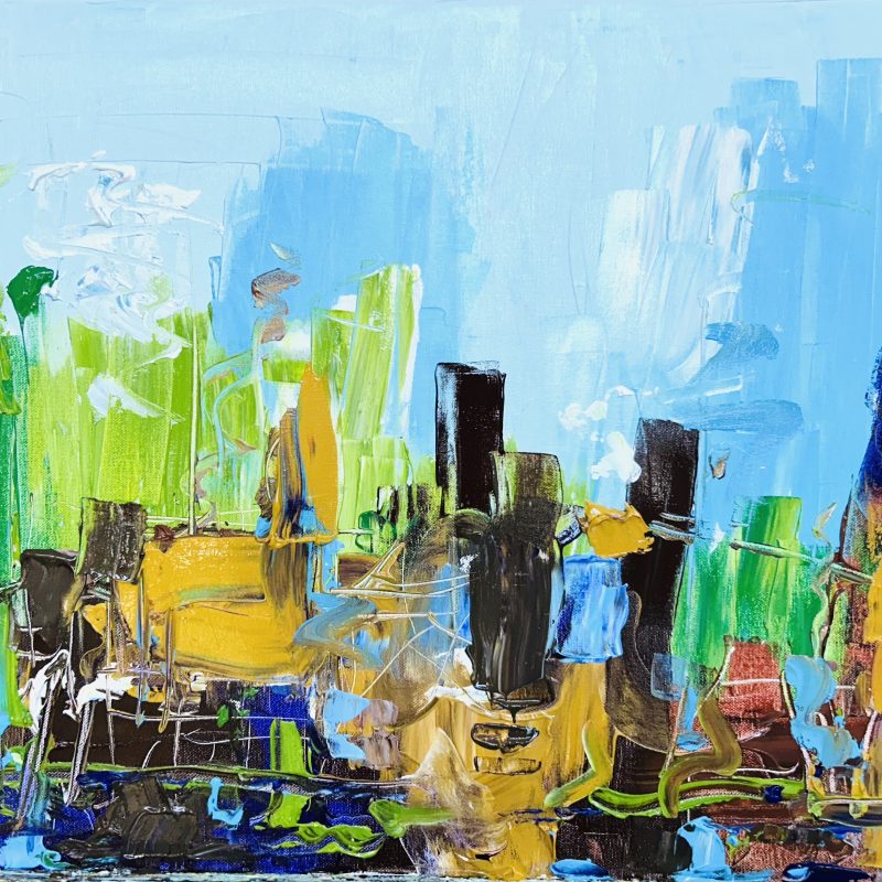 Abstract expressionist painting in greens and blues