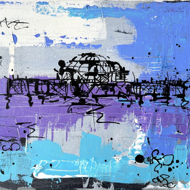 Acrylic paint and ink drawing of Brighton pier ( purples and blues)