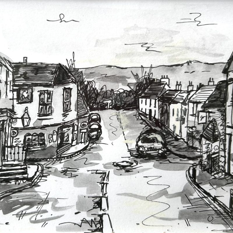 Detailed ink and wash drawing of Ditchling village