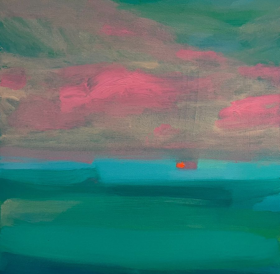 Abstract modern seascape in acrylic. Shades of turquoise with pink clouds with a vibrant setting sun