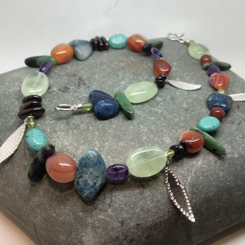 Semi-precious bead necklace with silver leaves