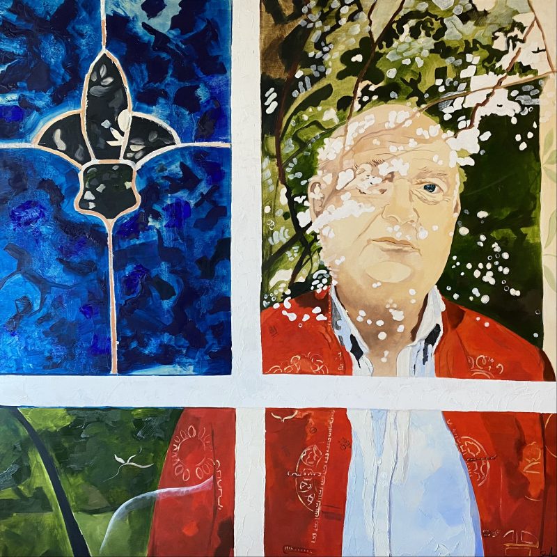 This is a portrait of Louis de Bernieres. He is looking out of a window at the viewer, and the window has splashes of light on it, in front if his face. He is wearing a red jacket and to his left is a blue fleur de lys in the window