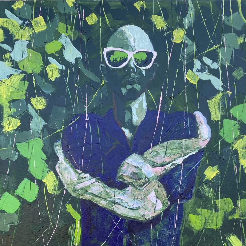 This is a painting with a man wearing dark glasses, with his arms wrapped around himself as if he is wearing a straight jacket. He is blending into the background which is green, he is dressed in blues