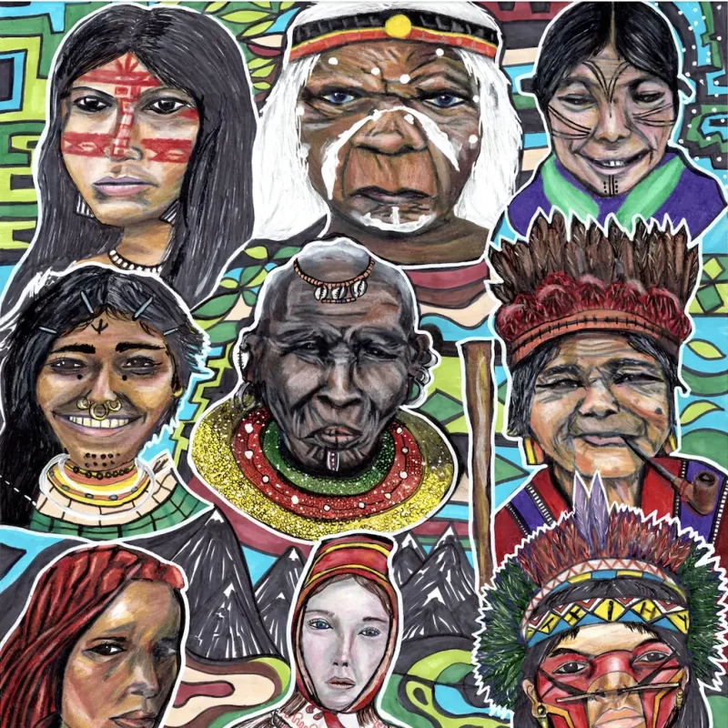 This piece was inspired by 12 different indigenous cultures from around the world. The names of each tribe are listed below (left to right/top to bottom).  Kichwa, Aboriginal, Inuit, Dongria Khond, Masaai, Ifugoa, Himba, Sami, Pataxo, San People, Khalka, Maori.
