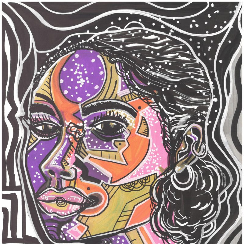 A portrait of a woman looking over her shoulder. Her face has abstract designs created from dots and shapes in gold, pink, orange and purple. Her hair is black and tied back in a low bun, with white lines running through it. The background is black and white with swirling patterns and wavy lines. 