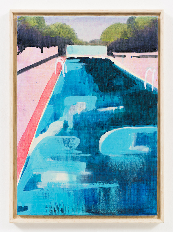 This painting explores landscapes and nature that provoke feelings of nostalgia and escapism.  I have started visiting Lidos around the country. The Lido in this painting is instantly recognisable of the place but is void of people.