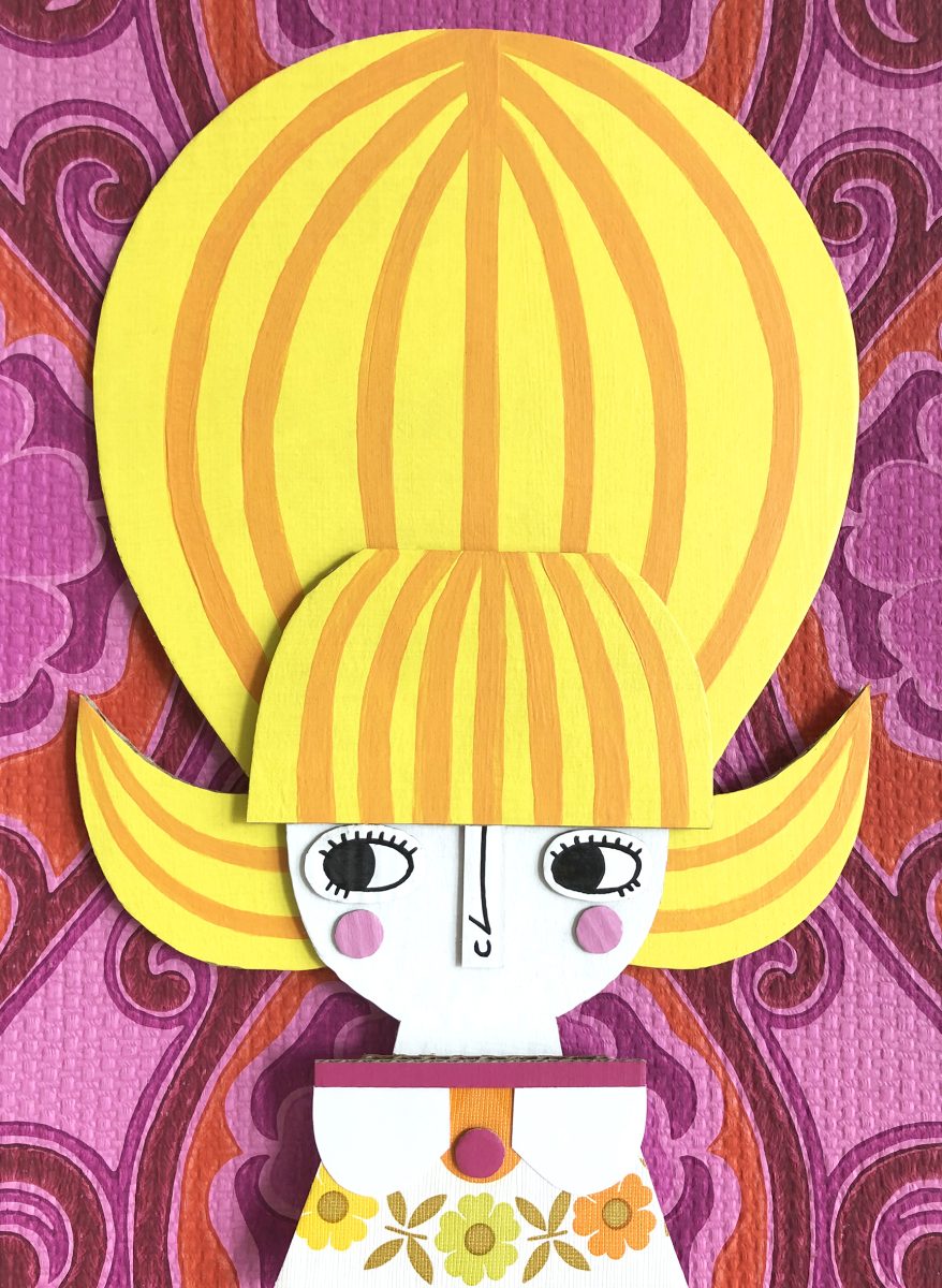 A bright vibrant 1960s girl with a large yellow beehive hairdo 