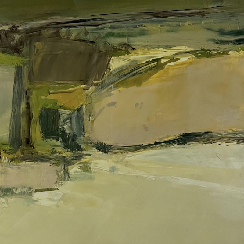 A small oil painting shows a composition of landmarks that create field patterns.  Range of dark, mid, and light greens, with pale brown and others
