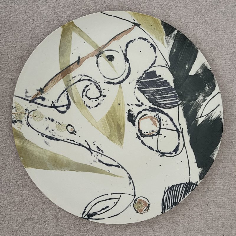 Ceramic in porcelain large plate hand painted Abstract design in charcoal grey amd lime green