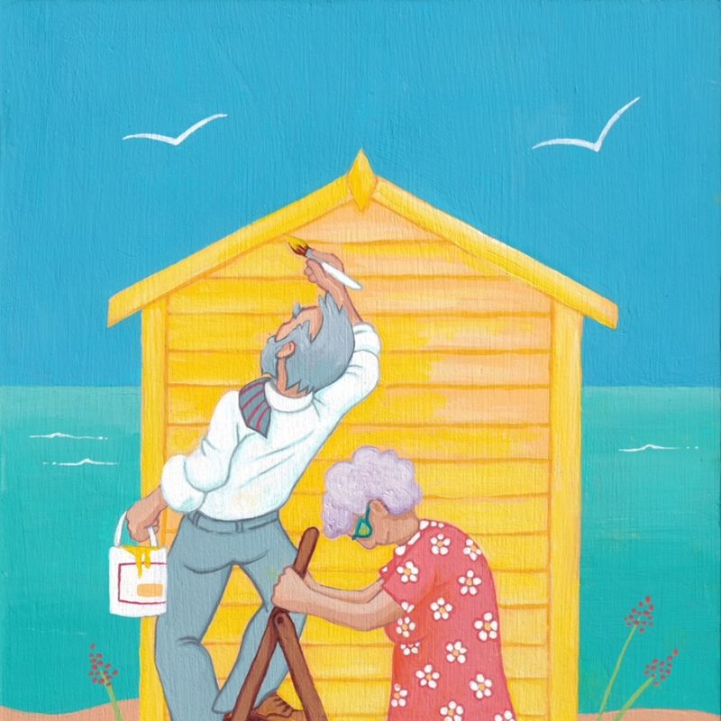 Brightly coloured picture of an older couple in their Sunday best, working on their bright yellow beach hut