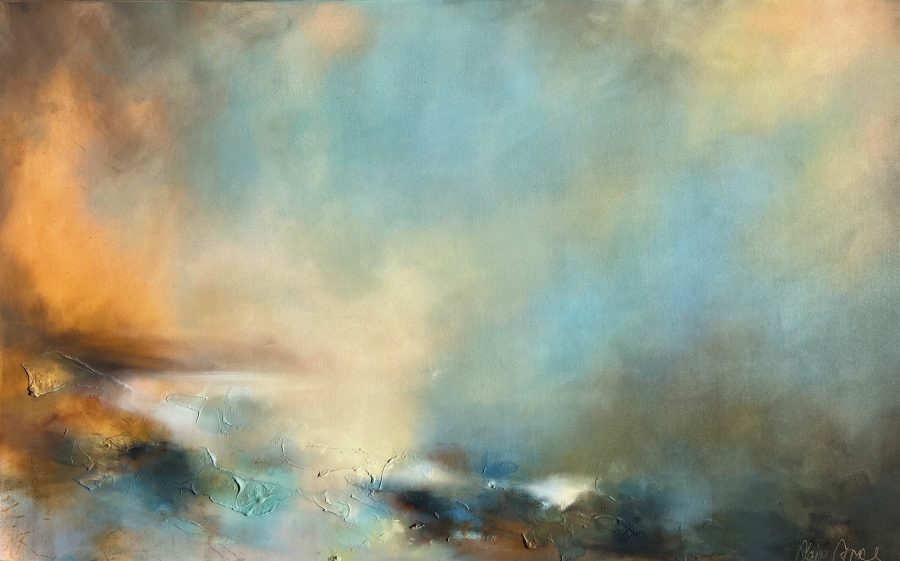 Textured oil on canvas with blue, turquoise and ochre hues describing light over a calm bay.