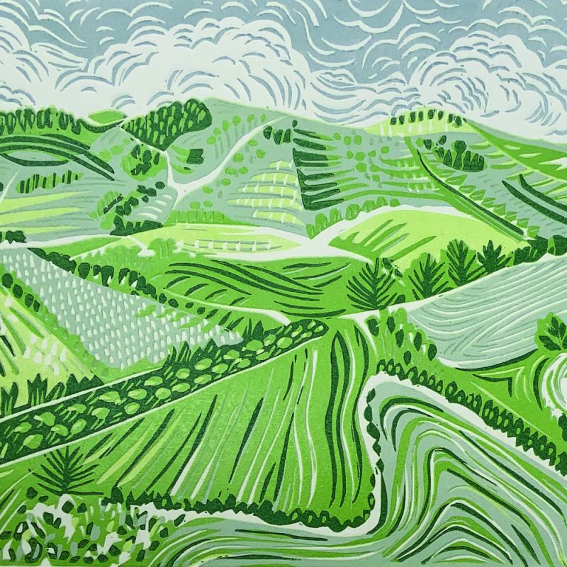 Lino cut print of Sussex countryside 
