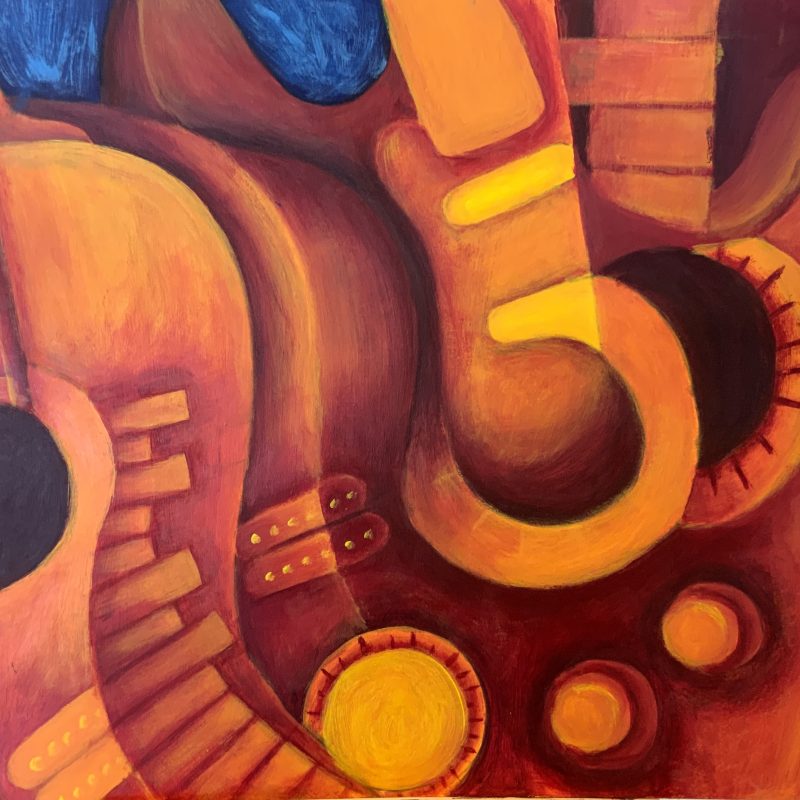 A vibrant painting in red, orange and some blue tones showing a partial view of guitars