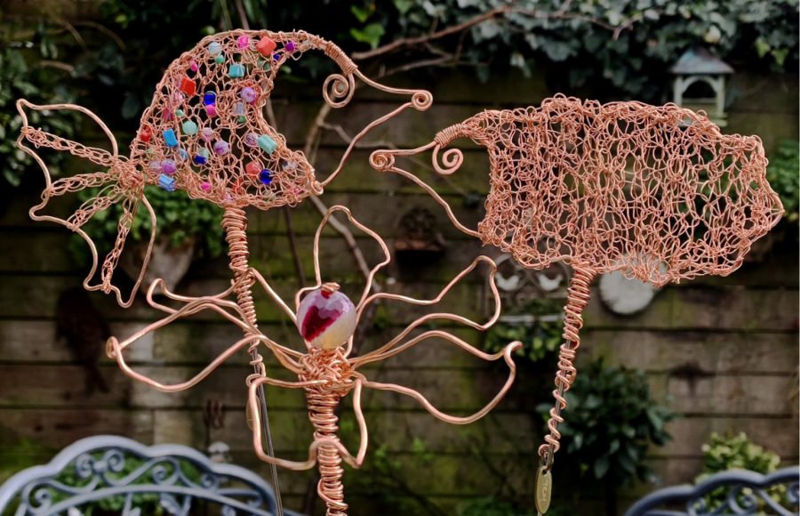 Colurful Handmade Copper Creatures and Jewel Fower Sculptures for the home and garden