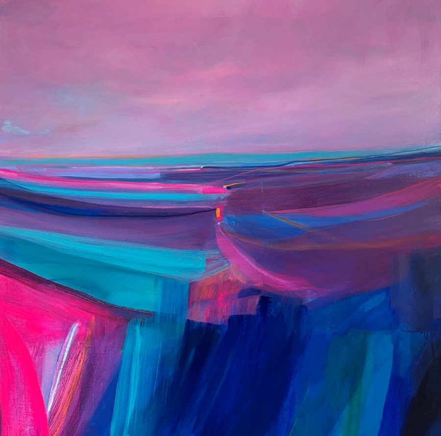 Abstract landscape painting with vivid pink and purple sky with turquoises and darker blues representing the land