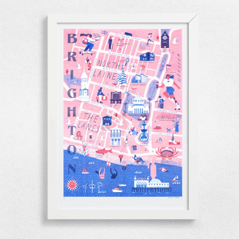 Map in limited colour palette, inspired by my favourite places and people in Brighton, minus the seagulls! 