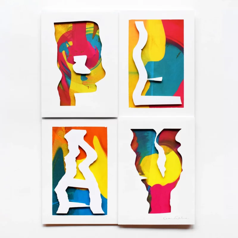 Paper cut artwork with the word 'Play' depicted through a wavy font with a screen printed, colourful background