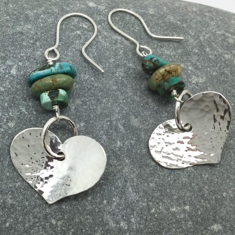 Silver textured heart earrings with turquoise beads