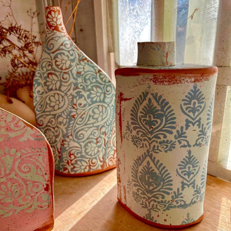 Ceramic bottle vase with green and blue slip decoration