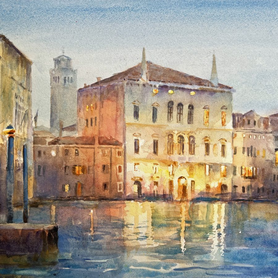 Watercolour of a Venetian palace at dusk, with lights