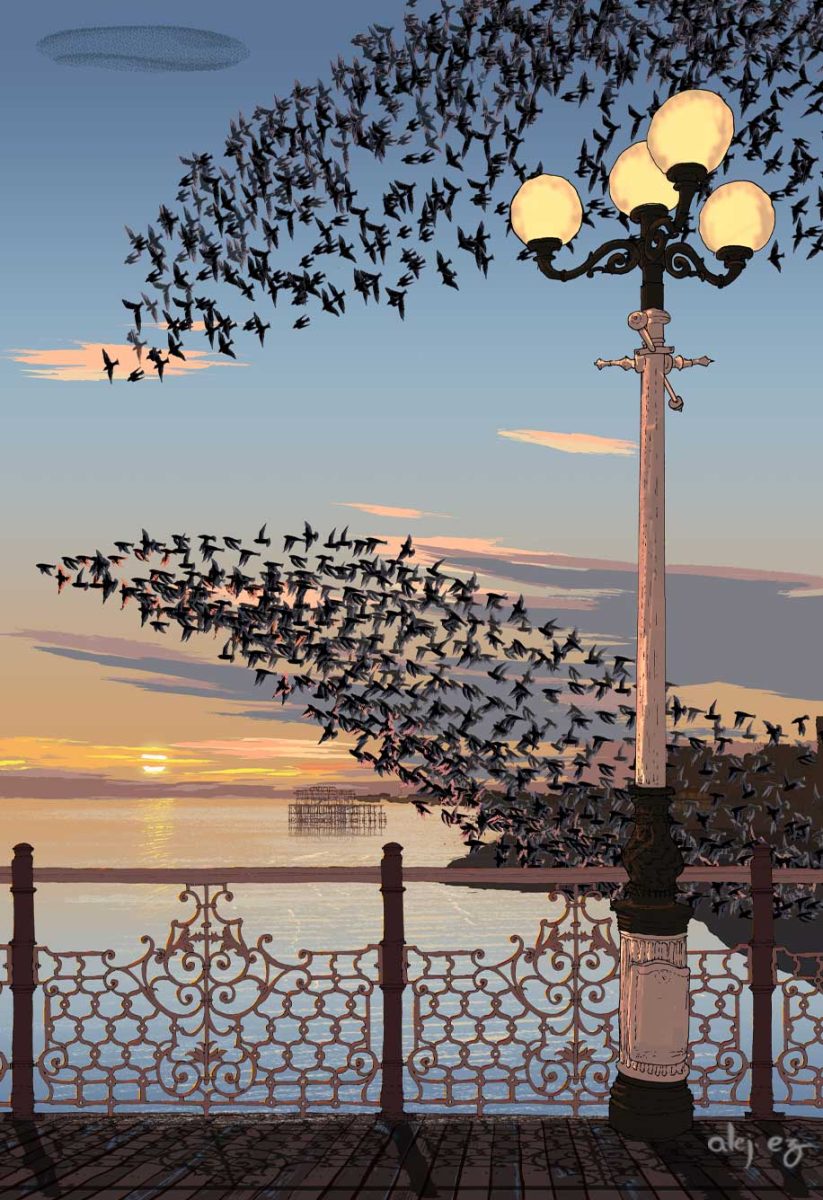 View from the Palace Pier Deck in Brighton of the seafront with a flock of starlings flying and the sun setting