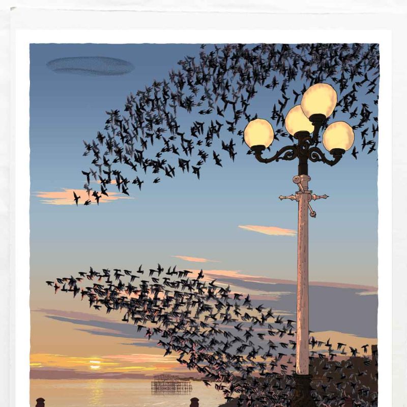This enchanting artwork captures the essence of a nostalgic and dreamlike evening, bathed in the warm hues of a sunset over Brighton Seafront from the iconic Palace Pier deck. Above, a jubilant murmuration of starlings dances in the sky, spreading joy before finding their cosy roost amidst the intricate ironwork of this historic Victorian marvel. On the horizon, the remnants of the West Pier stand proudly, bearing witness to the passage of time