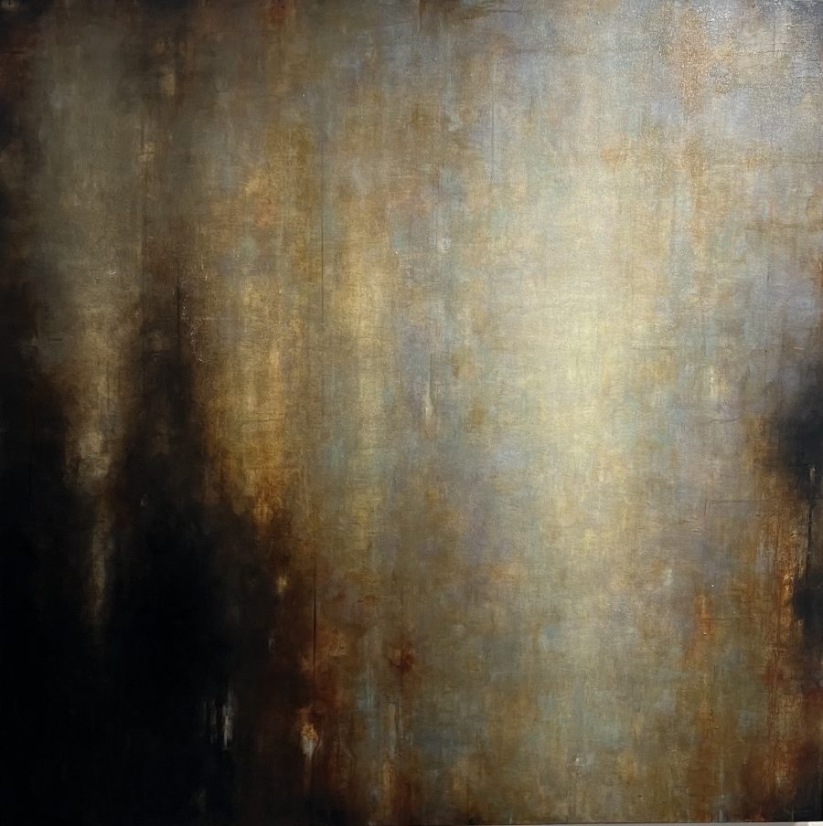 Dark shimmering abstract painting in blacks, grey and golds.