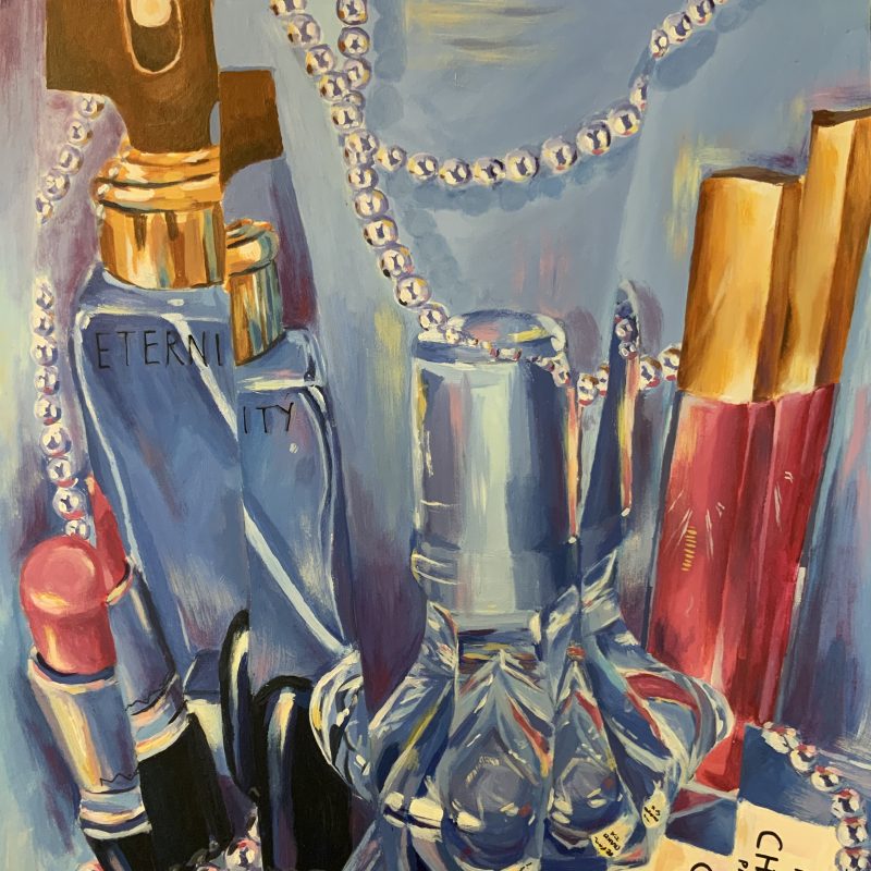 Colourful painting depicting a fragmented image of a dresser with perfume bottles, lipstick and a necklace