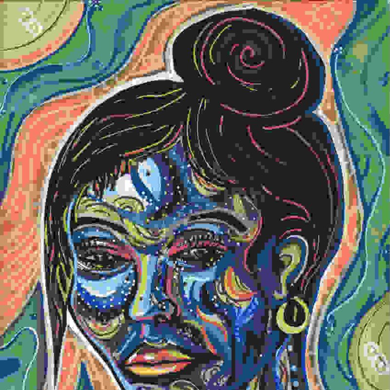 A portrait of a woman looking over her shoulder. Her hair is black and tied up in a bun with a strand falling across her forehead to the side of her face. Her face has abstract designs in dark blue and black, highlights of yellow and hints of orange. The background consists of thick stripes in orange and a mossy green. The stripes have swirls of dark blue and yellow running through them. 